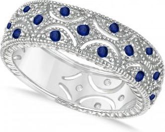 Allurez Blue Sapphire Milgrain Vintage Eternity Band 14k White Gold (0.38ct)
