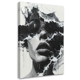 Feeby Cuadro En Lienzo, Retrato De Una Mujer En Blanco Y Negro En Un Estilo Art&iacute;stico Olas Del Mar, 80x120