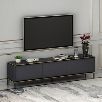 Dmora Mobile Porta Tv Vicchio, 3 Ante, Ripiano Effetto Marmo, 3 Vani, 180x35x45h Cm Nero Antracite