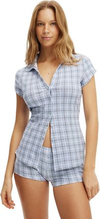 Cotton On Womens Dreamy Soft Button Up Fitted Polo in Isla Micro Check Daydream at Nordstrom, Size X-Small