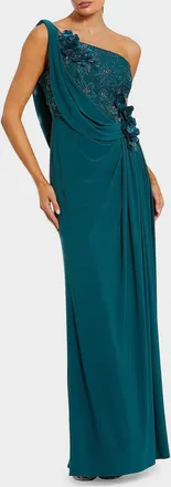 Mac Duggal Draped One-Shoulder Beaded Jersey Gown