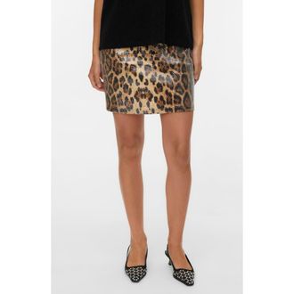 Vero Moda Lucy Sequin Leopard Print Miniskirt in Birch Aop Leo Sequin at Nordstrom Rack, Size X-Large