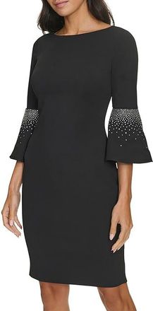 Calvin Klein Scuba Crepe Hotfix Slv Sheath Womens Dress Black : 10, Polyester/Spandex