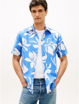 Tommy Hilfiger Mens Tropical Print Cotton-Linen Blend Shirt - Blue - XXL