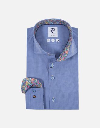 R2 Mens R2 Cut Away Collar Long Sleeved Shirt Blue Check - Size: 38/Regular