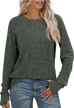 Generic Womens Long Sleeve Knitted Jumper Loose Casual Pullover with Ribbed Details Thumb Holes Solid Tunic Style Tops for UK Ladies Winter Jumpers for Women 
