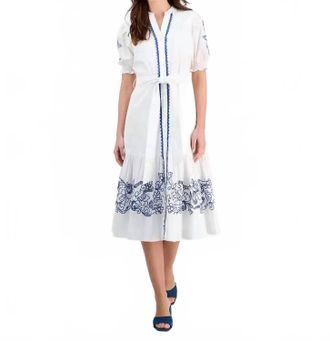 T Tahari Short Sleeve Belted Embroidered Fit & Flare Dress In White