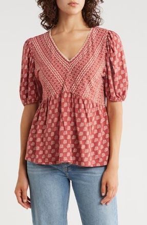 Lucky Brand Mixed Print Puff Sleeve Cotton Babydoll Top in Red Floral at Nordstrom Rack, Size X-Large
