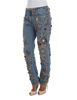 Dolce & Gabbana Womens Crystal Roses Heart Embellished Jeans Blue Viscose Clothing