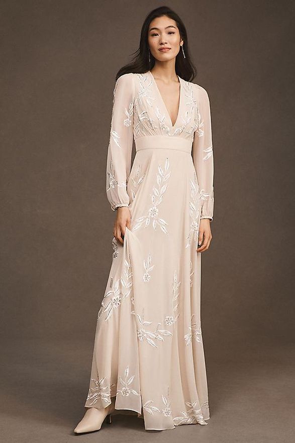 Belize Embroidered A-Line Long-Sleeve V-Neck Gown