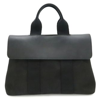 Herm&egrave;s Black Toile Chevron Leather Handbag Tote Bag (Pre-Owned)