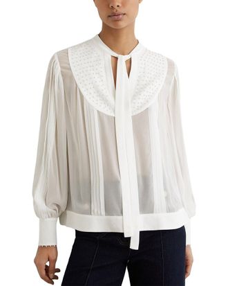 Reiss Casey Georgette Tie Neck Beaded Blouse