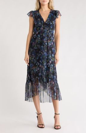 Lovestitch Floral Cap Sleeve Empire Waist High-Low Midi Dress in Black/Dusty Pink at Nordstrom Rack, Size Medium