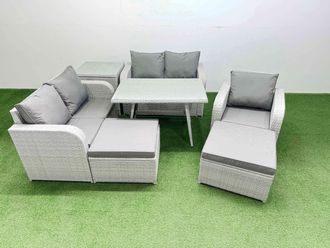 Fimous 7 Seater Rattan Garden Furniture Sets Love Sofa Reclining Chair Sets in Light Grey