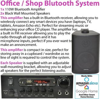 Loops Shop Bluetooth Music System 2x Black Speakers & 110W Amp Background FM Radio