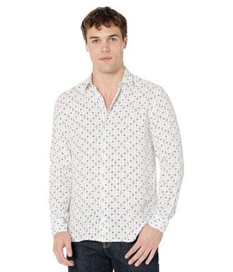 Serge Blanco Shirt Mens White Aztec Print 100% Linen Long Sleeve JDM1206