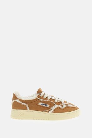 Autry Beige Cognac Medalist Low Suede Shearling Sneakers