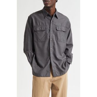 Beams Work Uniform Pinstripe Serge Button-Up Shirt in Grey at Nordstrom, Size X-Large