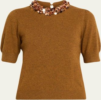 Ulla Johnson Liv Embroidered Short-Sleeve Cashmere Sweater