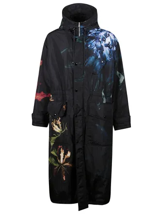 Dries Van Noten Floral Print Long Parka With Drawstring Hood And Functional Pockets