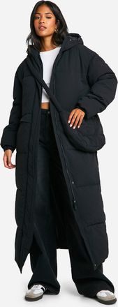Boohoo Womens Tall Longline Hooded Puffer Jacket With Matching Bag - Black - Size 16 UK