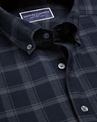 CHARLES TYRWHITT Brushed Flannel Check Cotton Shirt - Ink Blue Size Small by Charles Tyrwhitt