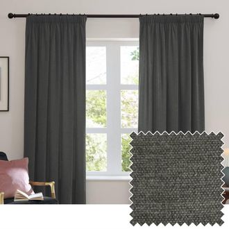 furn. Soft Chenille Blackout Pencil Pleat Curtain Pair in Charcoal | Size: 229 cm width x 183 cm drop