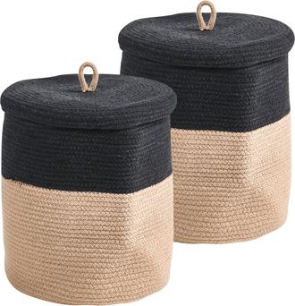 Beliani Conjunto De 2 Cestas De Algod&oacute;n 32 Cm A Rayas Tapa Accesorios Boho Negro/beige Silopi