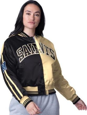 Starter Womens Starter Black/Gold New Orleans Saints Zone Blitz Cropped Full-Snap Satin Jacket at Nordstrom, Size Small
