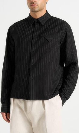 Mani&egrave;re De Voir Arlo Pinstripe Cropped Long Sleeve Shirt in Black at Nordstrom, Size X-Large