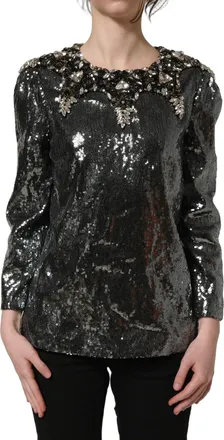 Dolce & Gabbana Metallic Gray Sequin Embellished Blouse Womens Top