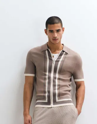 B&eacute;lier Polo in maglia tortora con pannelli e zip-Marrone