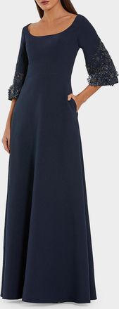 Mac Duggal Beaded Bell-Sleeve Crepe Gown