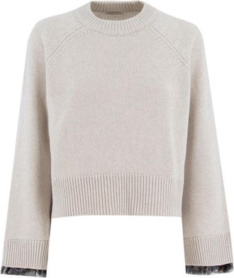 Brunello Cucinelli Luxe Wol Cashmere Trui - Dames - Ronde hals truien - Wit - S - Wol - Truien & Vesten
