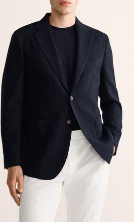 Mango Slim Fit Plaid Wool Blend Blazer in Navy at Nordstrom, Size 44