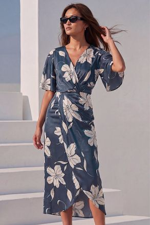 Roman Womens Floral Print Wrap Twist Dress - Navy - Size 14 UK