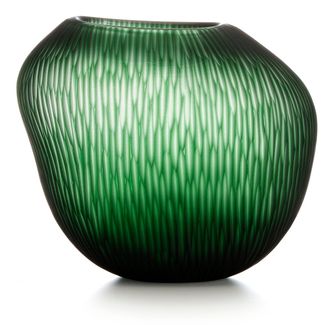 IVV carving green satin glass vase with vertical ground stripes h-24 max diameter 27.5/16.5