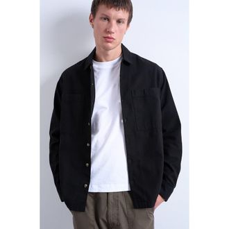 Topman Camp Collar Cotton Button-Up Overshir in Black at Nordstrom, Size Xx-Large