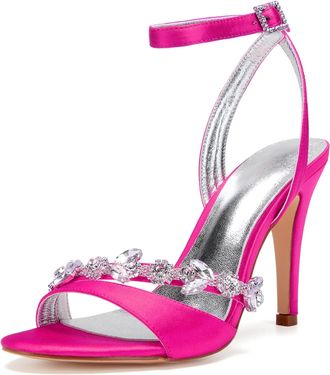 Generic Wedding Bridal Shoes Womens Heels Ankle Strap High Heels Prom Party Dress Heeled Open Toe Bridal Stiletto Sandals 10.5Cm,Rose red,7 UK