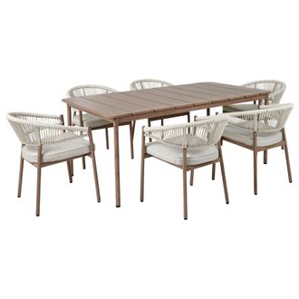 Beliani Conjunto De Jard&iacute;n De Metal Aluminio Transferencia T&eacute;rmica Mesa 6 Sillas Patio Exterior Gris Pardo Y Madera Oscura Flavia