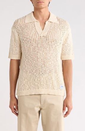 HUGO BOSS Strallo Johnny Collar Open Knit Sweater Polo in Open White at Nordstrom Rack, Size Xx-Large