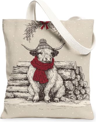 Generic Winter Cow Canvas Tote Bags, Vintage Animal Reusable Grocery Bags, Rustic Lightweight Washable Shoulder Strap for Travel Be, Beige, 13x15 Inch