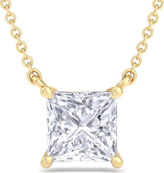 SuperJeweler Princess Cut Lab Grown Diamond Pendant Necklace in 14K White or Yellow Gold - 1/4 to 7 Carat Total Weight - Classic Solitaire Setting for Women
