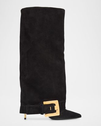 Balmain Anthem Suede Buckle Knee-High Boots