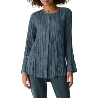 Eileen Fisher Crinkle Front Button Silk Top in Eucalyptus at Nordstrom, Size X-Large