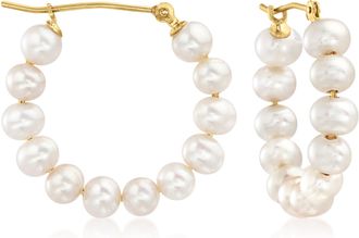 Ross-Simons 4-5mm Cultured Pearl Hoop Earrings in 14kt Yellow Gold
