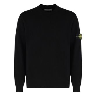 Stone Island Round-neck Knitwear, male, Black, Size: 3XL Ribbed Cotton Sweater with Removable Patch