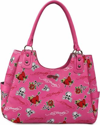 Ed Hardy White Tote Shoulder Bag with Skull and Rose Design, Hot Pink
