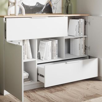 Vicco Aparador Betti, Blanco/sonoma, 120 X 83.6 Cm 2x Puerta, 2x Caj&oacute;n Y 1x Compartimento Abierto Vicco