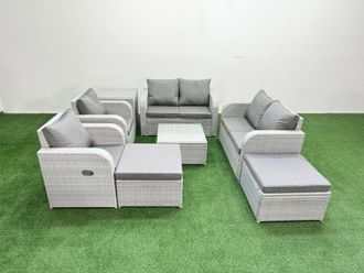 Fimous 8 Seater Outdoor Reclining Chair Love Sofa Set Rattan Garden Furniture Set with Square Coffee Table 2 Big FootStools Side Table Light Grey
